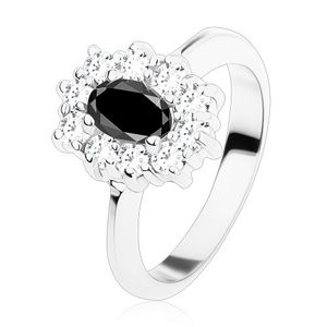 Prsten stříbrné barvy, černý oválný zirkon lemovaný kulatými čirými zirkonky - Velikost: 49