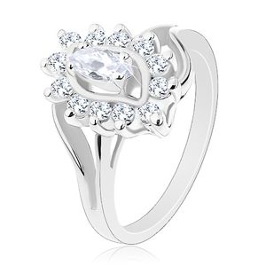 Prsten stříbrné barvy, čiré broušené zrnko v zirkonové obrubě - Velikost: 54