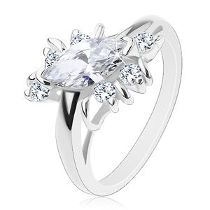Prsten stříbrné barvy, čiré zirkonové zrnko, obloučky, kulaté zirkony - Velikost: 54