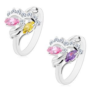 Prsten stříbrné barvy, dva barevné zrnkovité zirkony, čiré oblouky - Velikost: 48, Barva: Růžovo-fialová