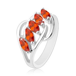 Prsten stříbrné barvy, lesklé obloučky, pás oranžových broušených zrnek - Velikost: 54