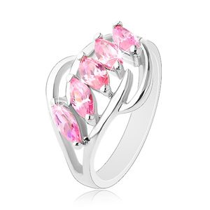 Prsten stříbrné barvy, lesklé obloučky, pás růžových broušených zrnek - Velikost: 54