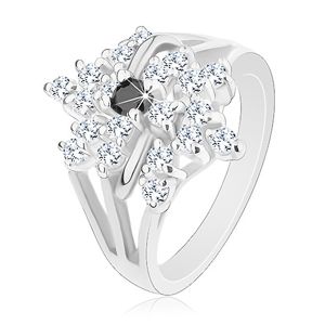 Prsten stříbrné barvy, rozvětvená ramena, čirý květ, černý zirkonek - Velikost: 49
