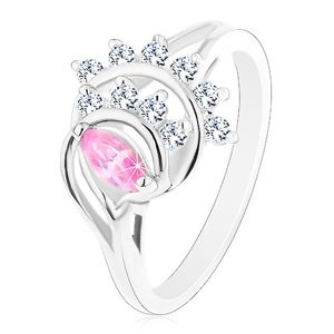 Prsten stříbrné barvy, růžové zrnko, oblouky z čirých zirkonů - Velikost: 54