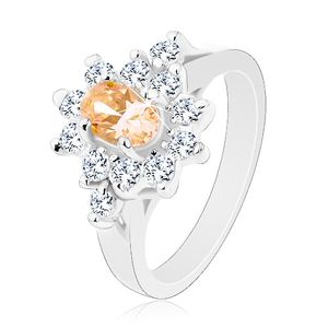 Prsten stříbrné barvy, světle oranžový ovál s čirým zirkonovým lemem - Velikost: 54