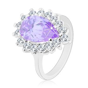 Prsten stříbrné barvy, velká zirkonová kapka fialové barvy, čirý lem - Velikost: 57
