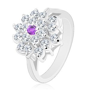 Prsten stříbrné barvy, velký čirý květ s fialovým zirkonem uprostřed - Velikost: 51