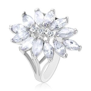 Prsten stříbrné barvy, velký květ tvořený zirkonovými zrnky - Velikost: 51, Barva: Mix
