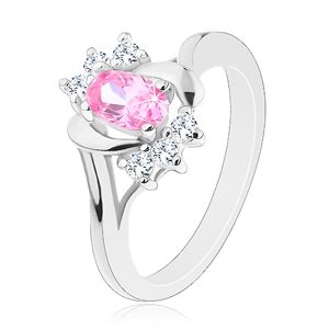 Prsten stříbrné barvy, velký růžový ovál, hladké a zirkonové oblouky - Velikost: 54