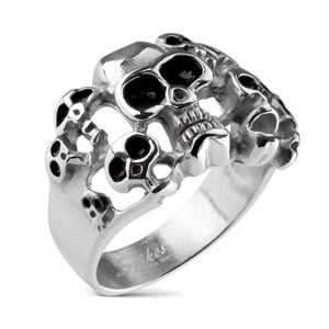 Prsten stříbrné barvy z oceli 316L - deset lebek s černou glazurou - Velikost: 70