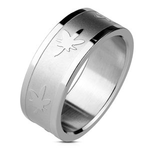 Prsten stříbrné barvy z oceli - lesklé hrany, listy marihuany, 8 mm - Velikost: 69
