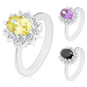 Prsten stříbrné barvy, zářivý kvítek s barevným oválným středem - Velikost: 52, Barva: Fialová