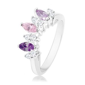 Prsten stříbrné barvy, zrnka v odstínech fialové, růžové a čiré barvy - Velikost: 52