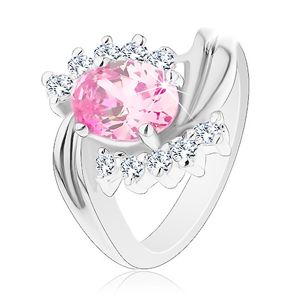 Prsten stříbrné barvy, zvlněné linie ramen, růžový broušený ovál, čiré zirkonky - Velikost: 50