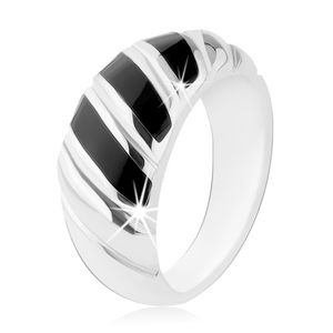 Prsten, stříbro 925, černý onyx, tři šikmé proužky, zářezy - Velikost: 59