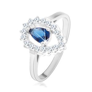 Prsten, stříbro 925, čirá kontura obrácené kapky s modrou zirkonovou slzou - Velikost: 53