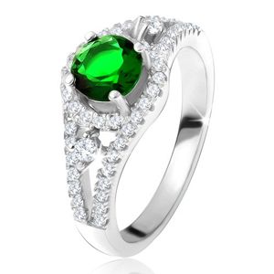 Prsten - stříbro 925, kulatý zelený zirkon, zaoblené linie, čiré kamínky - Velikost: 52