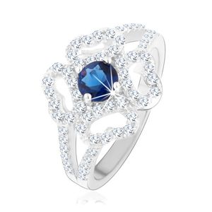 Prsten - stříbro 925, rozdělená ramena, čirý obrys květu, modrý zirkon - Velikost: 55
