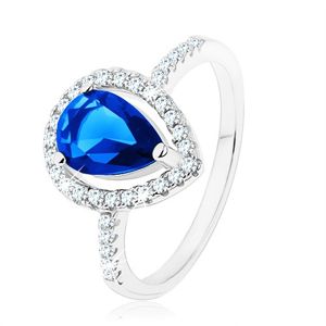 Prsten, stříbro 925, úzká ramena, zirkonová slza modré barvy - Velikost: 52