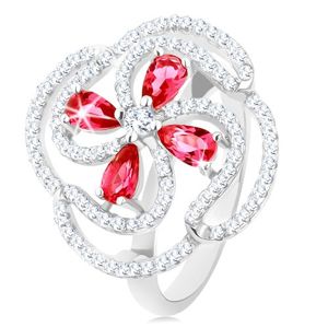 Prsten, stříbro 925, vypouklý květ z růžových zirkonových kapek a čirých linií - Velikost: 50