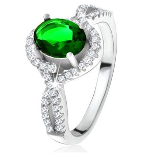 Prsten - stříbro 925, zaoblené linie, čiré zirkonky, oválný zelený kámen - Velikost: 54