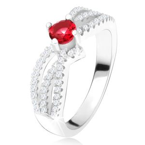 Prsten - tři zvlněné zirkonové linie, kulatý červený kámen, stříbro 925 - Velikost: 54