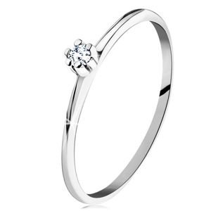 Prsten v bílém 14K zlatě - lesklá zkosená ramena, kulatý čirý diamant - Velikost: 60