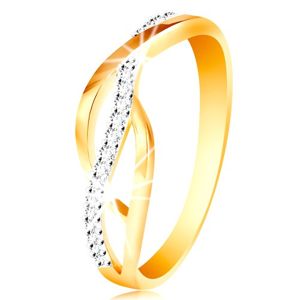 Prsten v kombinovaném 14K zlatě - propletené hladké a zirkonové linie - Velikost: 52