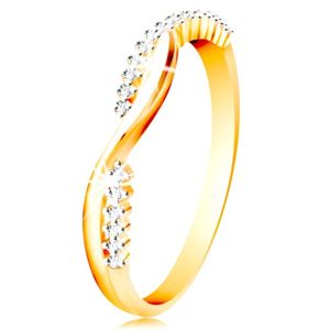Prsten ve 14K zlatě - dvě úzké propletené vlnky - hladká a zirkonová - Velikost: 58