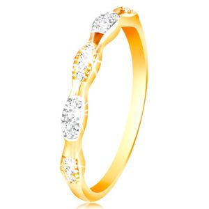 Prsten ve 14K zlatě - dvoubarevná zrnka se vsazenými zirkony, lesklá ramena - Velikost: 60