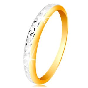 Prsten ve 14K zlatě - dvoubarevný kroužek, drobné blýskavé zářezy - Velikost: 52