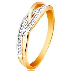 Prsten ve 14K zlatě - propletená rozdělená ramena, kulaté čiré zirkony - Velikost: 60