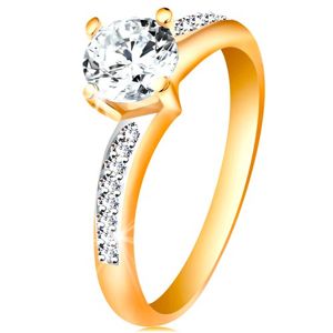 Prsten ve 14K zlatě - zářivý kulatý zirkon čiré barvy, zirkonová ramena - Velikost: 54