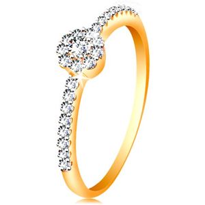 Prsten ve 14K zlatě - zářivý kvítek z čirých zirkonů, zdobená ramena - Velikost: 54