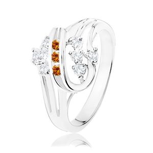 Prsten ve stříbrné barvě, dvojitá spirála s oranžovými a čirými zirkony - Velikost: 54