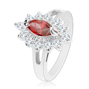 Prsten ve stříbrné barvě, lesklá rozdělená ramena, třpytivý květ - Velikost: 50, Barva: Červená