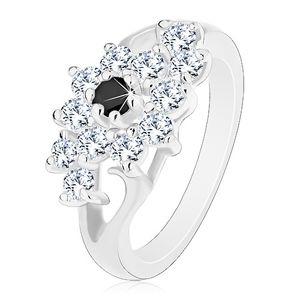 Prsten ve stříbrné barvě, rozdělená ramena, čirý kvítek s černým středem - Velikost: 49