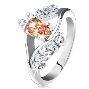Prsten ve stříbrné barvě s rozdělenými rameny, oranžový ovál, čiré linie zirkonů - Velikost: 60