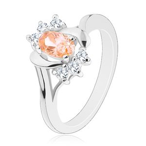 Prsten ve stříbrné barvě, světle oranžový broušený ovál, oblouky, čiré zirkonky - Velikost: 62