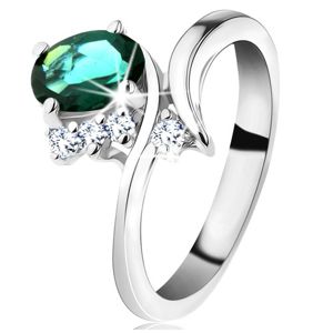 Prsten ve stříbrné barvě, úzká ohnutá ramena, tmavě zelený oválný zirkon - Velikost: 50