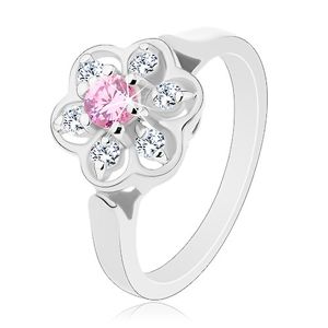 Prsten ve stříbrném odstínu, blýskavý čirý kvítek s růžovým středem - Velikost: 53