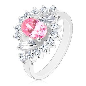 Prsten ve stříbrném odstínu, broušený ovál růžové barvy, čiré zirkonové oblouky - Velikost: 51