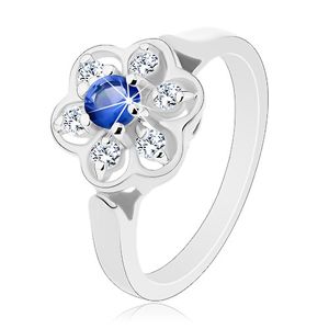 Prsten ve stříbrném odstínu, čirý kvítek s tmavě modrým zirkonem - Velikost: 50