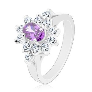 Prsten ve stříbrném odstínu, fialový oválný zirkon s čirou obrubou - Velikost: 50