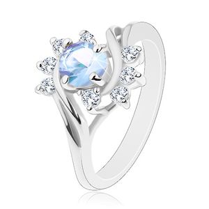Prsten ve stříbrném odstínu, kulatý světle modrý zirkon, blýskavé čiré oblouky - Velikost: 59
