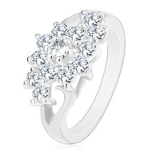 Prsten ve stříbrném odstínu, rozdělená ramena, květ z čirých zirkonů - Velikost: 60
