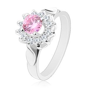Prsten ve stříbrném odstínu, růžovo-čirý zirkonový květ, lesklé lístky - Velikost: 59