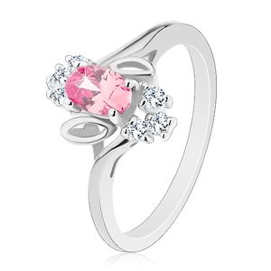 Prsten ve stříbrném odstínu, růžový broušený ovál, lístečky, čiré zirkony - Velikost: 59