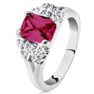 Prsten ve stříbrném odstínu, růžový zirkonový obdélník, čiré zirkonky - Velikost: 51