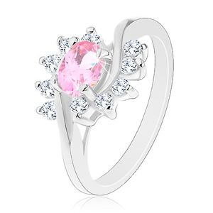 Prsten ve stříbrném odstínu, růžový zirkonový ovál, čiré oblouky - Velikost: 56